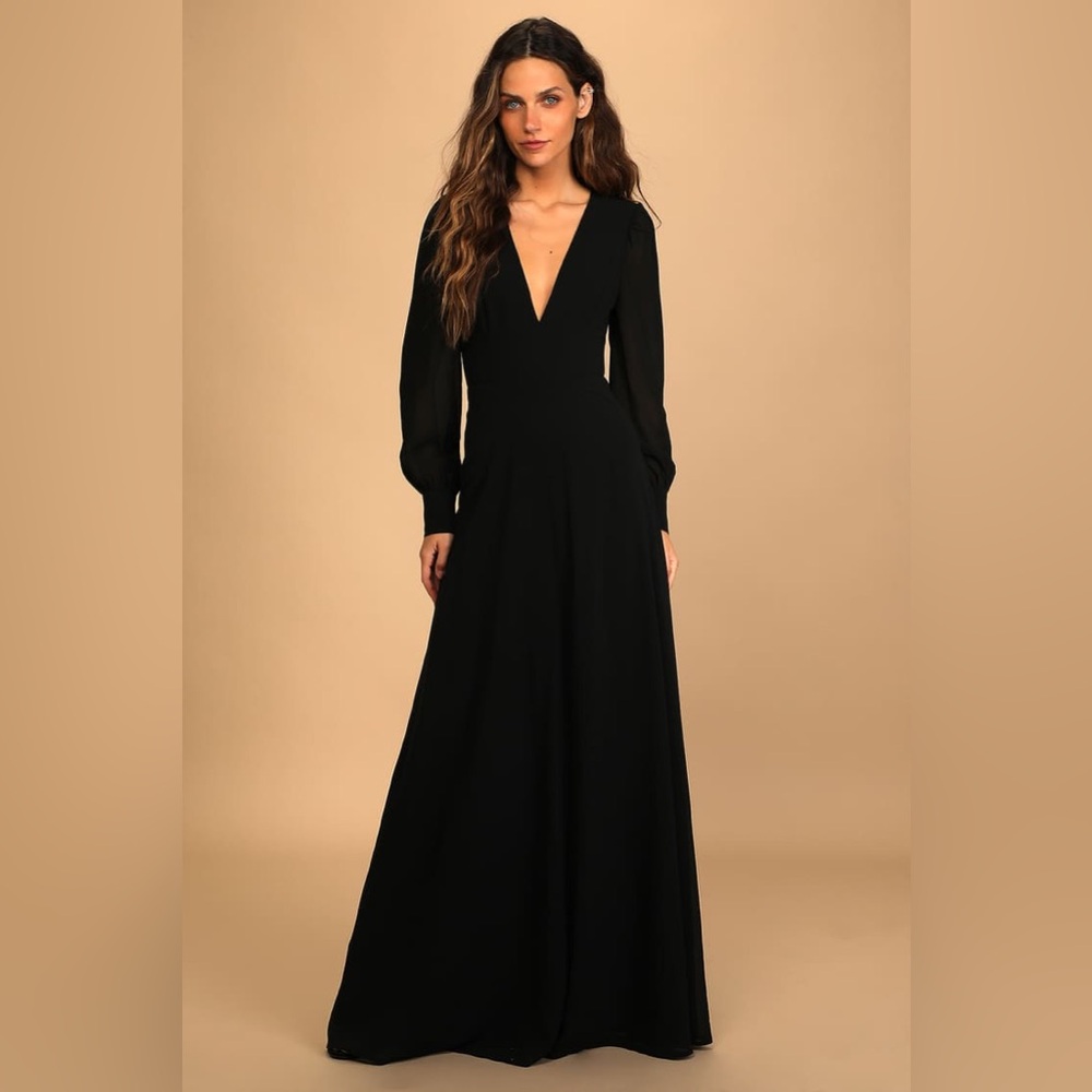 Lulus-Talk About Divine Black Long Sleeve Backless Maxi Dress (Medium)